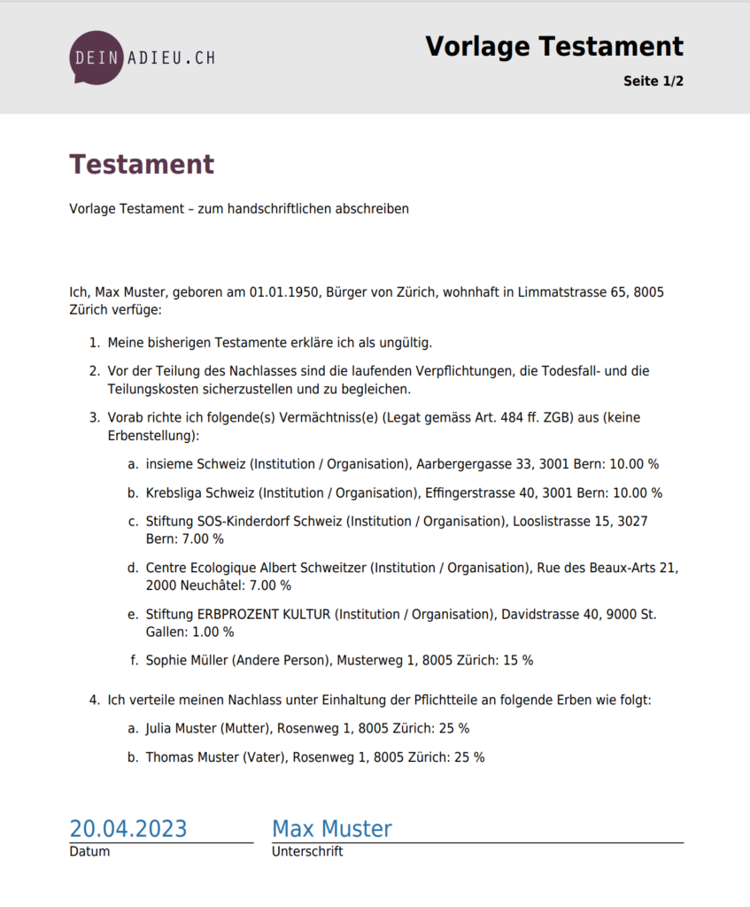 testament beispiel für alleinstehende
