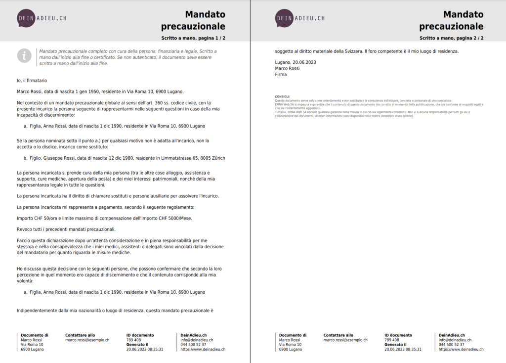 esempio di mandato precauzionale deinadieu