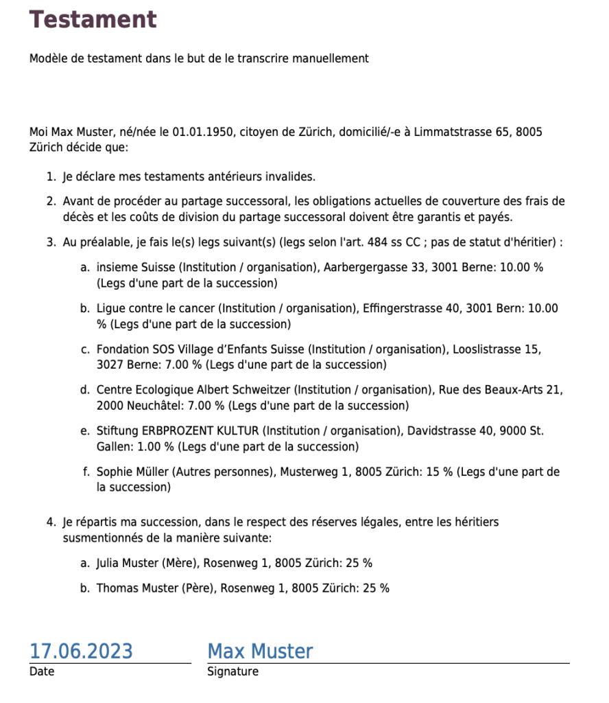 exemple de testament pour une personne célibataire