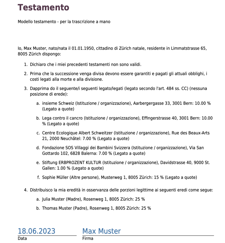 esempio di testamento per una singola persona