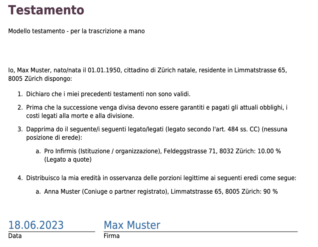 Esempio di testamento per una coppia senza figli