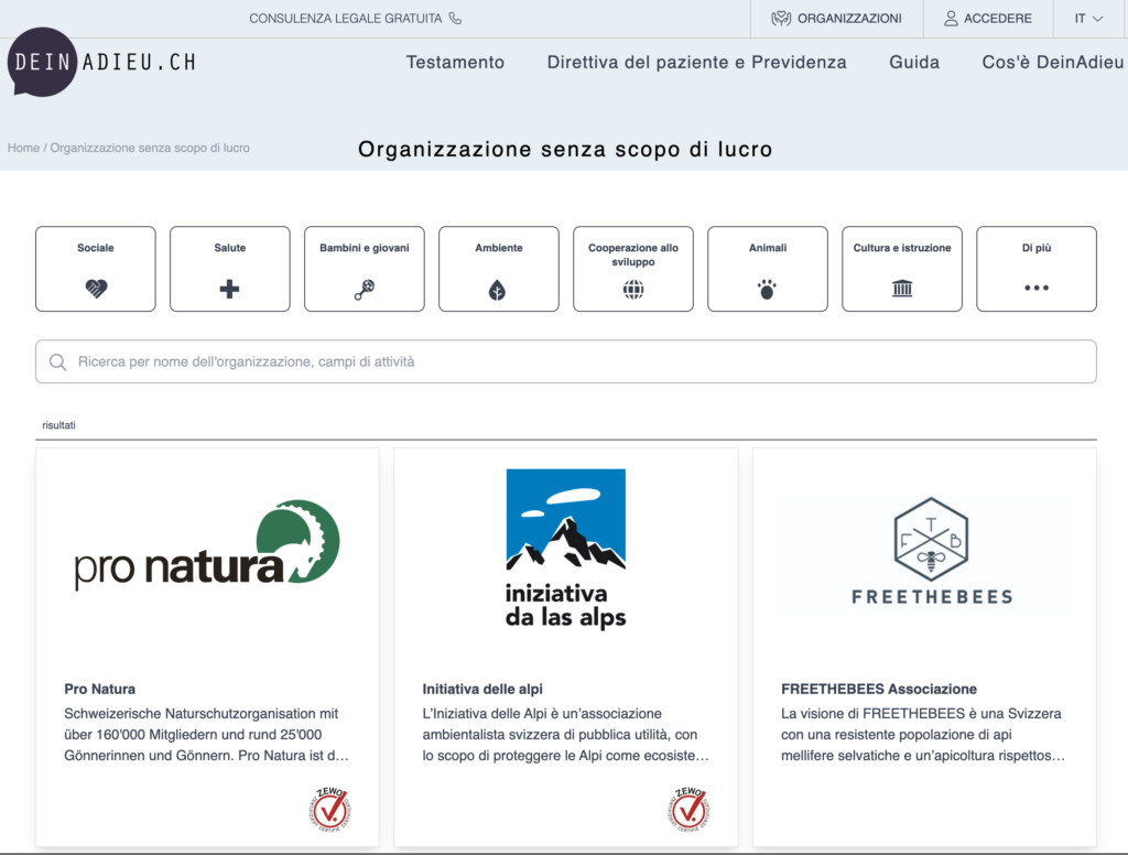 screenshot organizzazioni