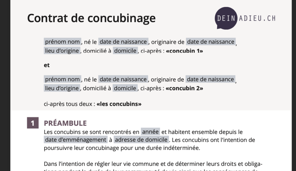 exemple de contrat de concubinage
