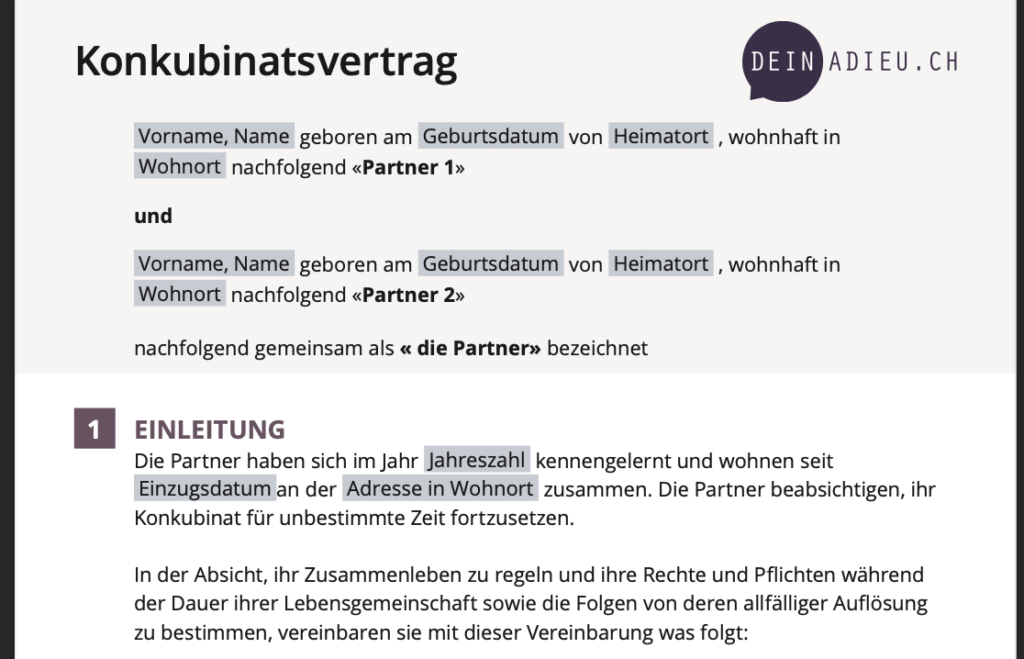 konkubinatsvertrag beispiel